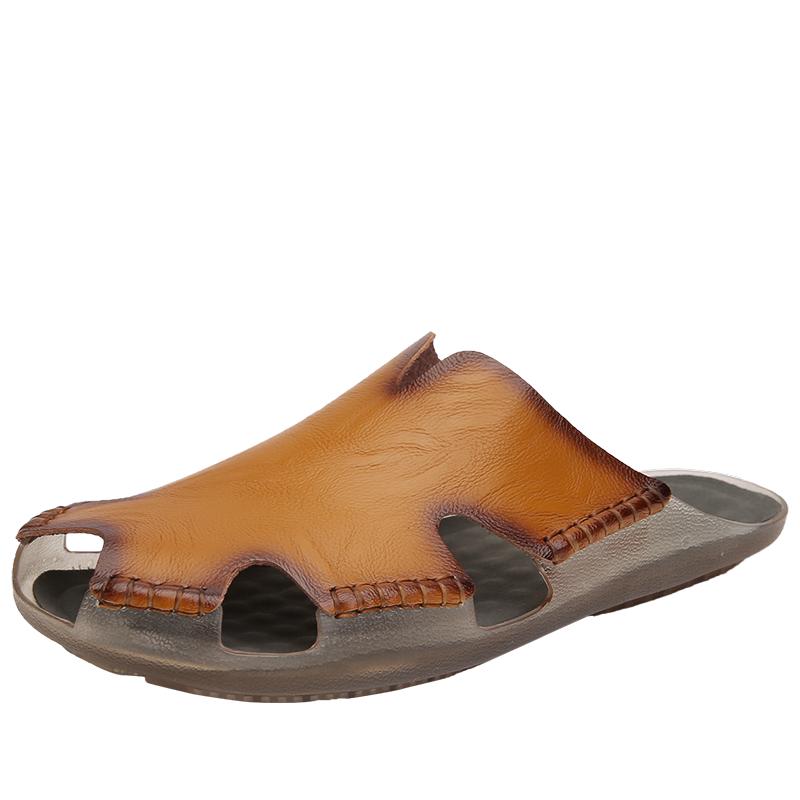 Men's Slippers Summer Handmade Baotou Half Slippers Men's Genuine Leather Roman Sandals Without Heel Slip-On Lazy Flat Mules