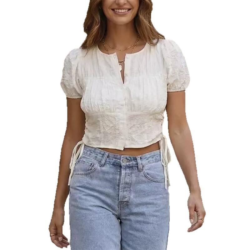 Women S Summer Solid Round Neck Cardigan With Lantern Sleeves