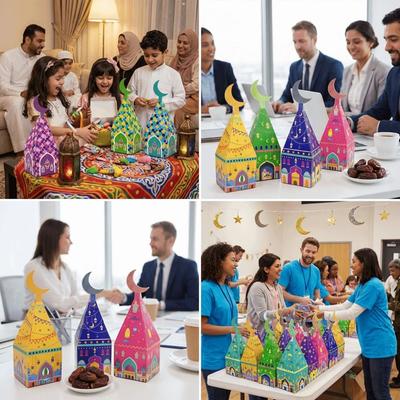 12Pcs Paper Eid Mubarak Gift Box Moon Castle Pattern Favor Bags Moon Lantern Box Decoration Surprise Gift Treat Box Party Decor