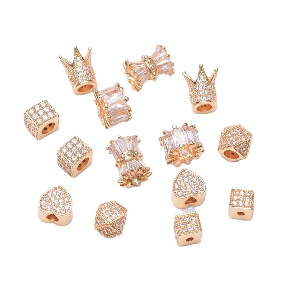 10pcs Color Retention 18K Gold Micro-Inlaid Zircon Crown Love Beads Small Waist Barrel Beads Diy Bracelet Beaded Jewelry Accessories