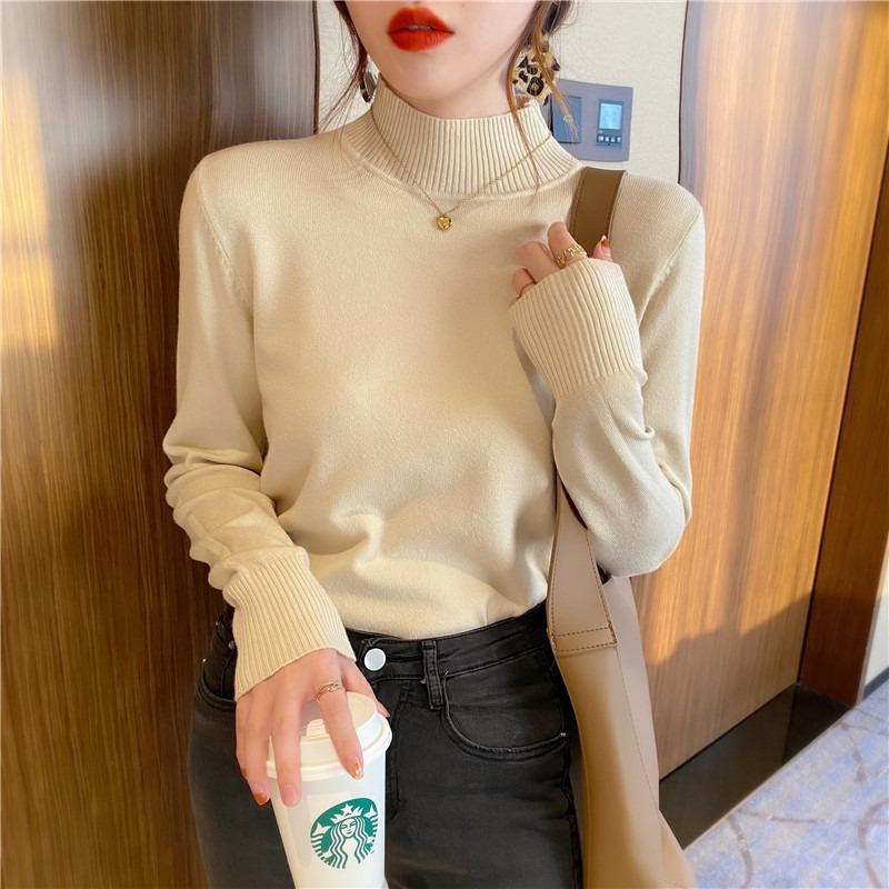 Autumn and Winter Pullovers Sweaters Women Fashion Loose Half High Neck Base Women Knitted Sweater Tops Elegant Solid Simple Ladies Knit Jumper 25730