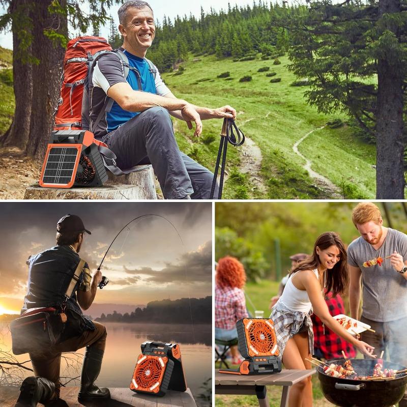 Solar Camping Fan with Lantern Rechargeable Operated Fan 18H Run Time Max 4 Speeds Timer 90° Adjustable Portable Desk Fan for Power Outage Outdoor Use