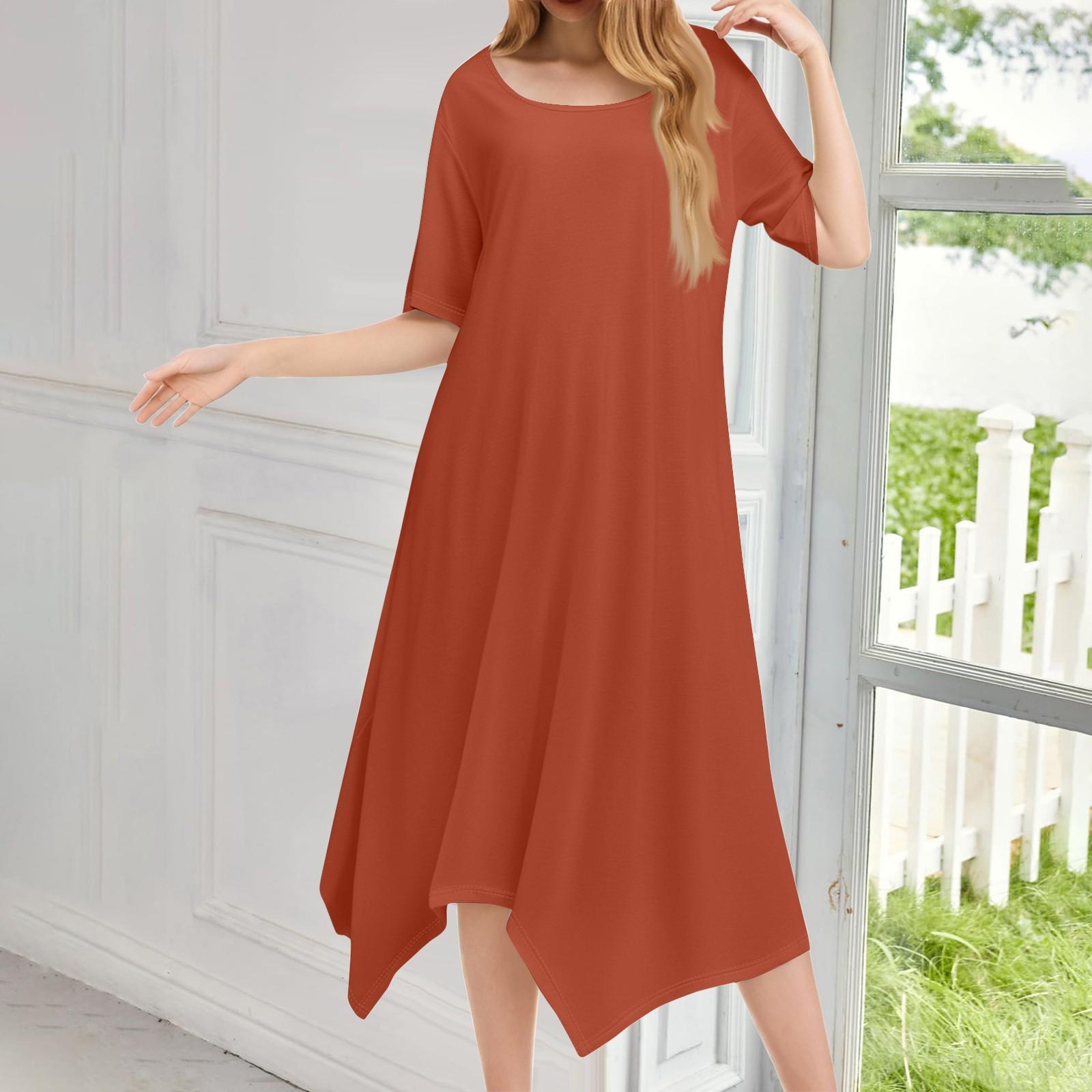 

Женское повседневное модное платье миди с круглым вырезом и коротким рукавом, однотонное, с неровным подолом S