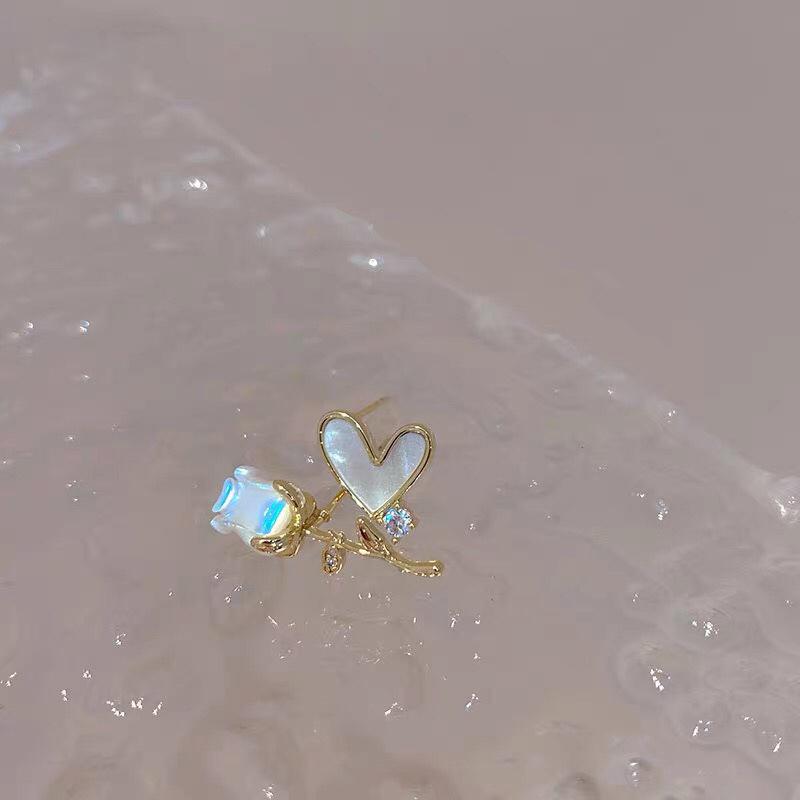 ANENJERY Asymetrické náušnice se zirkonovou mušlí srdce růže květ náušnice Francouzské jemné dámské náušnice aretes de mujer