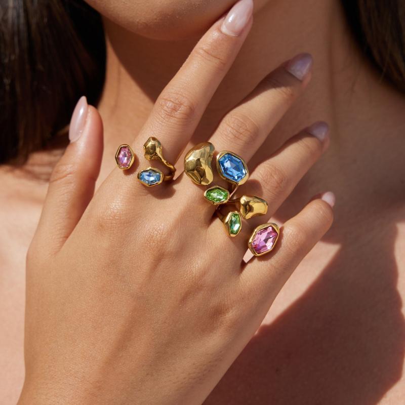 Elegant Colored Glass Open Ring for Women Stainless Steel Waterproof Non-Tarnish Jewelry for Prom Banquet Anniversary Gifts