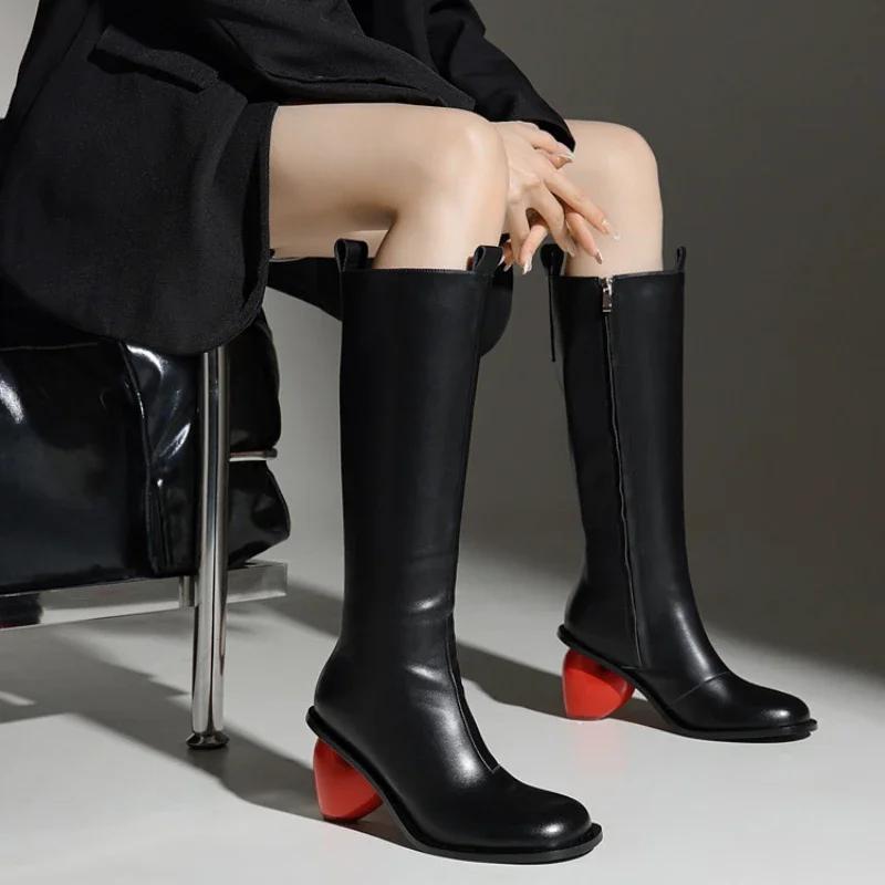 Fashion New Retro Sexy Round Toe Peach Heart Heel Side Zipper Knee High Boots European American Fashion Show Color Blocked Women's Boots