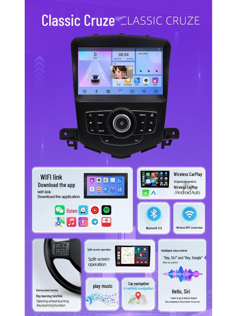 Compatible 8" Android Navigation for Cruze - Wireless CarPlay & Bluetooth with HD Reverse Camera.