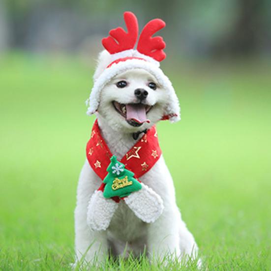 

1 Set Pet Scarf Warm-keeping Super Soft Polyester Puppy Scarf with Antlers Hat