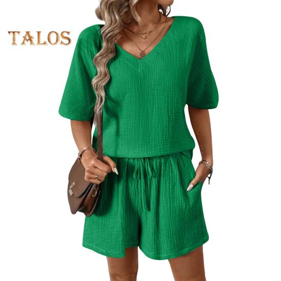 

Женский повседневный наряд из 2 шт./компл., футболка с v-образным вырезом и короткими рукавами, эластичная резинка на талии, широкие шорты, комплект, сплошной цвет, тканевый наряд с морщинами L зелёный