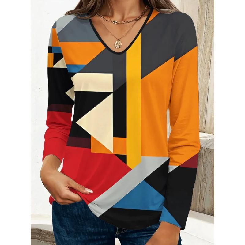 Autumn Women's 3D Printed V-Neck Long Sleeve T-Shirt