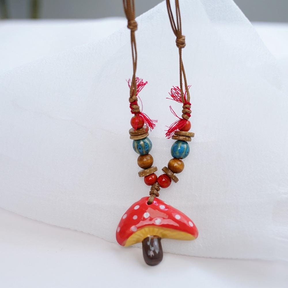 Hand-painted Mushroom Pendant Necklaces Small Flower Sweater Chain Necklaces Gift