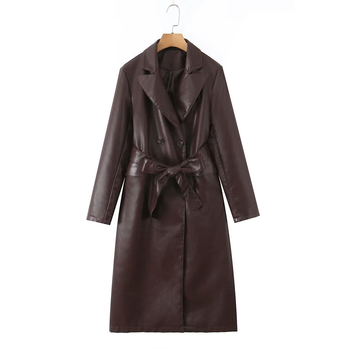 

2025 Early Autumn New Style French Temperament Faux Leather Long Style Loose Fitting with Belt Windbreaker Jacket L