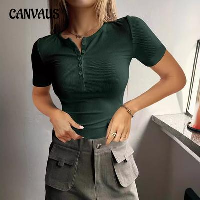 Maglietta da donna primavera ed estate a maniche corte con bottoni e costine, maglia sottile