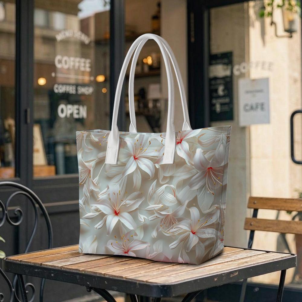 Elegant White Lily Pattern Tote Bag Fashionable Daily Use Portable Shoulder Bag for Women Casual Outdoor Shopping Handbag