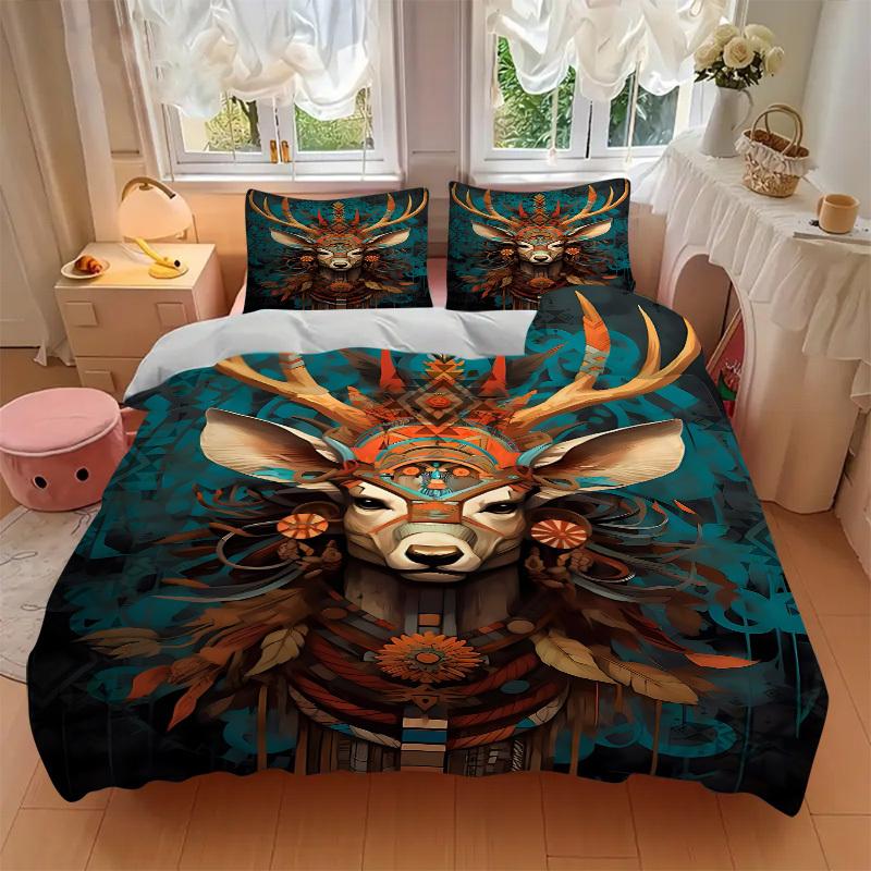 3pcs Deer Totem Soft Comfortable Bedding set, For Bedroom, Guest Room And Dorm, All - Season Use, High-Definition Printing174