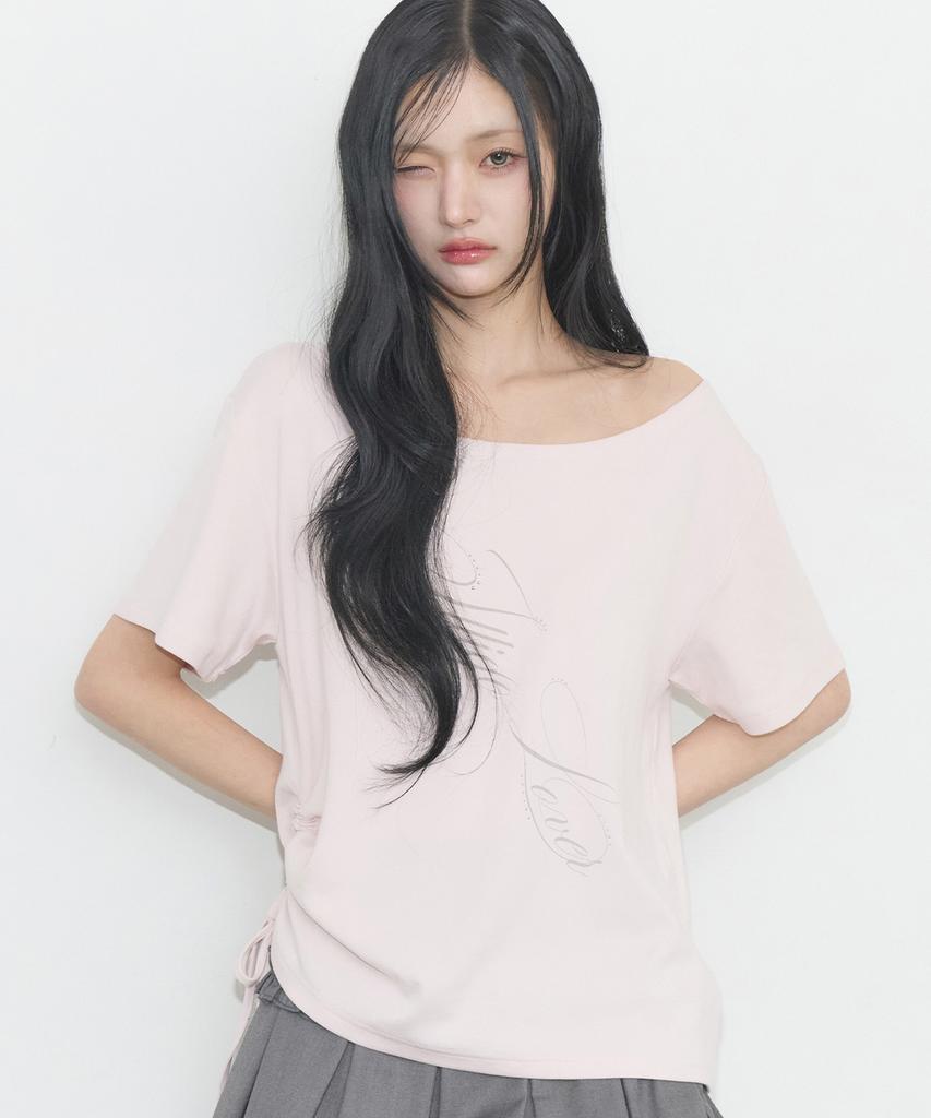 ILLIGO Ribbon String Off-Shoulder T-Shirt Pink