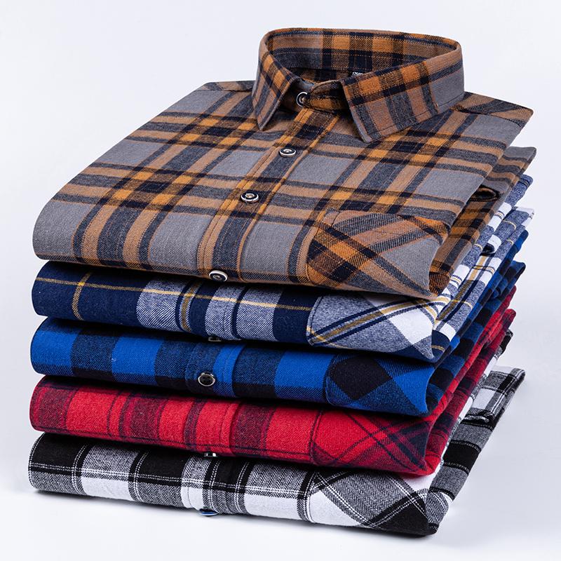 Plus Size Long Sleeve Fat Men Plaid Shirts Cotton Brushed Warm Soft Large Size 100kg to 150kg suitable Casual Winter Autumn