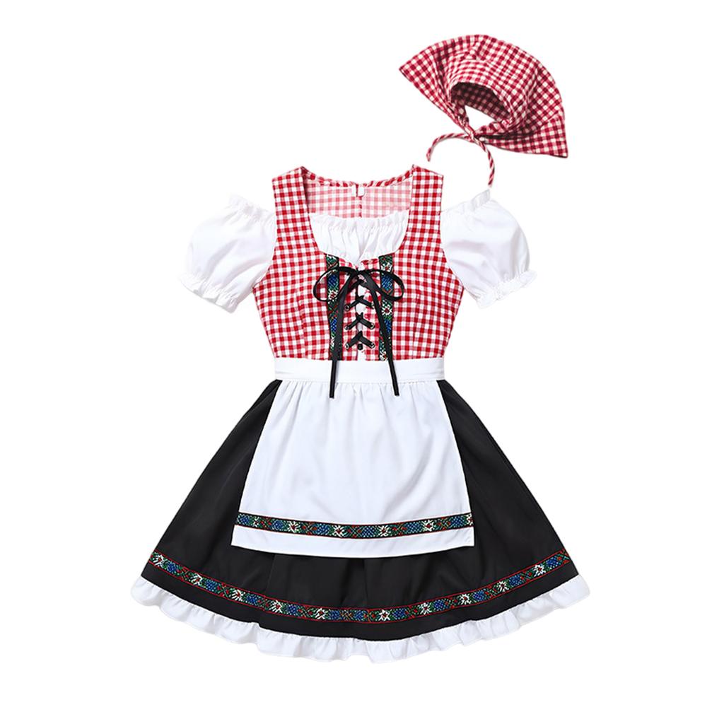 Traditional Bavarian Dirndl Dress for Women Oktoberfest Costume with Lace-Up Bodice Apron and Headscarf German Beer Festival Outfit