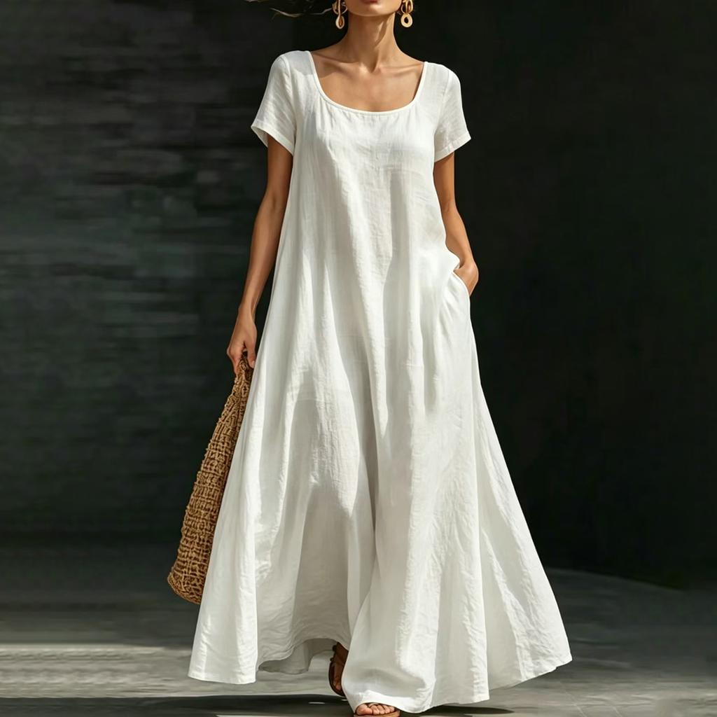 Abito Lungo Casual da Donna Estivo Moda Scollo a V Manica Corta con Spalline da Spiaggia Ampio per Vacanze
