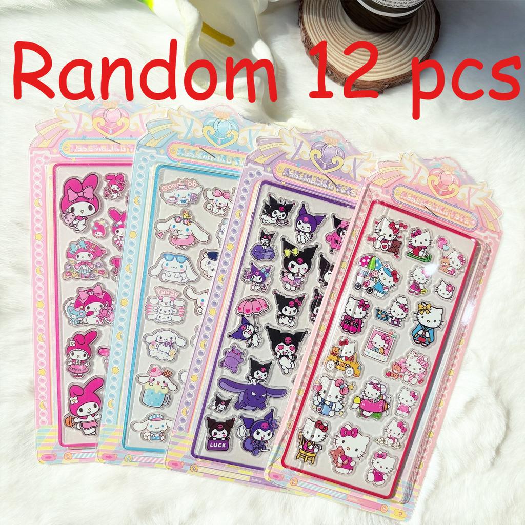 3D Transparent Sanrio Decals, Kawaii Hello Kitty Kuromi Animation Design Decals for Laptop Water Bottle Scrapbook Kids