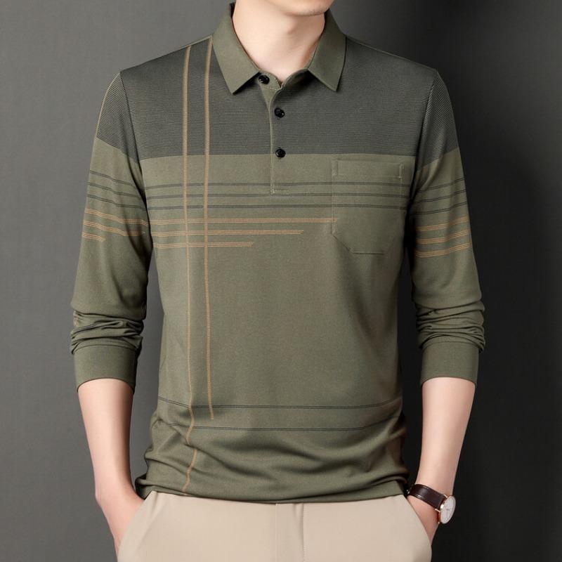 Men Casual Striped Long Sleeve Polo Shirt With Real Pocket Daily Wear Top