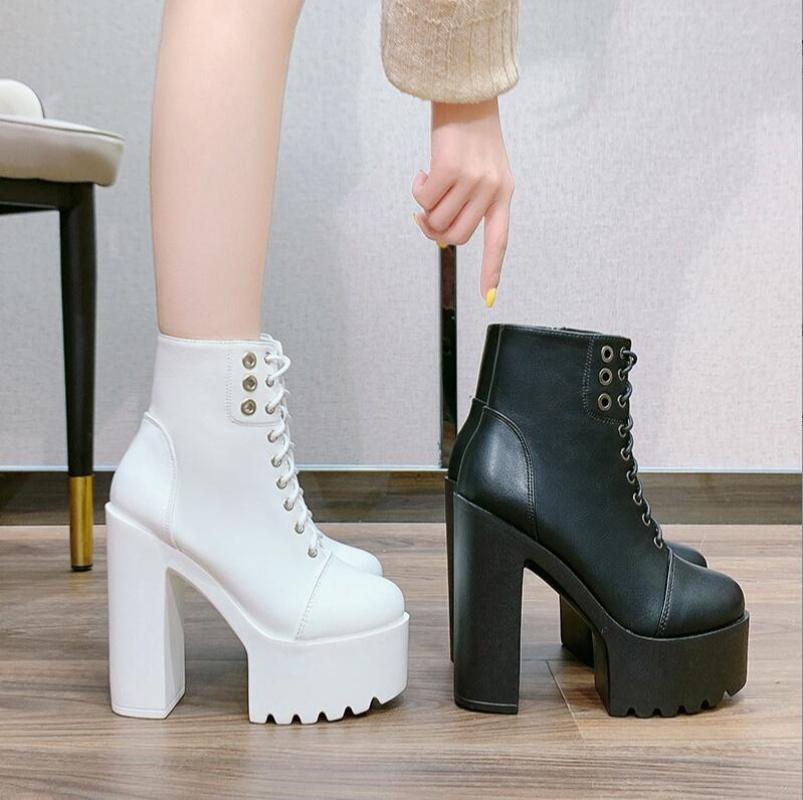 14.5cm Ultra High Heels Women Motorcycle Boots Gothic Style Sexy Black white Soft Leather Plaform Chunky Heel Punk Knight Boots