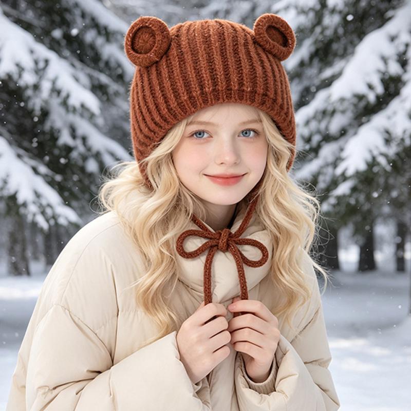 Cute Baby Bear Ear Knit Hat with Tie Strings Warm Winter Bonnet for Infants Toddlers Soft