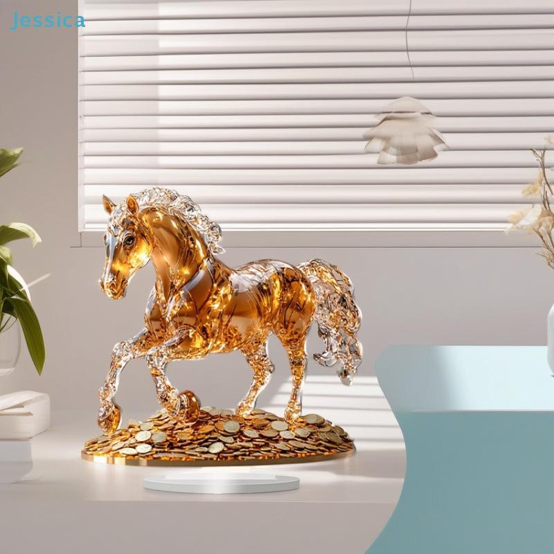 Golden Crystal Horse Figurine | Wealth-Themed Home Decor Statue For Desk Shelf Lucky Ornament