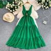 Summer Beach Vacation Fashion 3D Floral Appliques V-Neck Spaghetti-Strap A-line Dress for Women