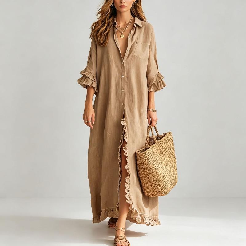 GMXIA Women's Fashion Summer Spring 1/2 Sleeves POLO Neck Solid Color Print Casual Dresses
