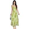 Seaside vacation style summer niche smudge dress women's green waist suspender skirt vacation printing elegant long dress