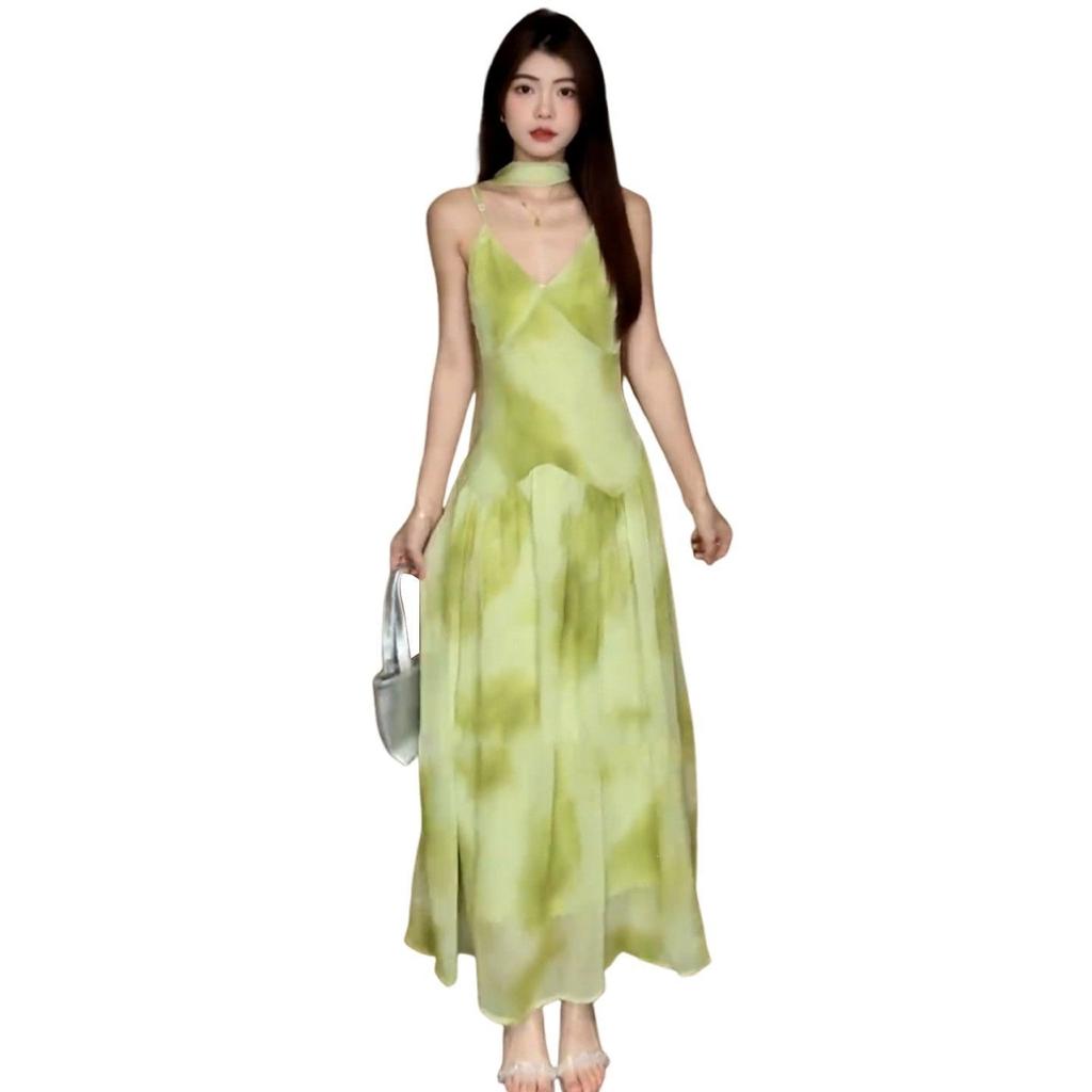 Seaside vacation style summer niche smudge dress women's green waist suspender skirt vacation printing elegant long dress