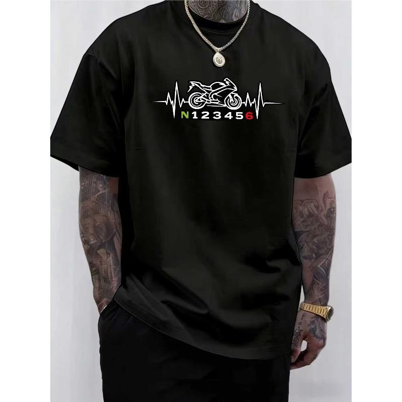 

European Size Men S Motorcycle Heartbeat Graphic Print Crew Neck T-Shirt | Soft Medium-Stretch, Regular Fit, Comfortable and Versatile 4XL чорний