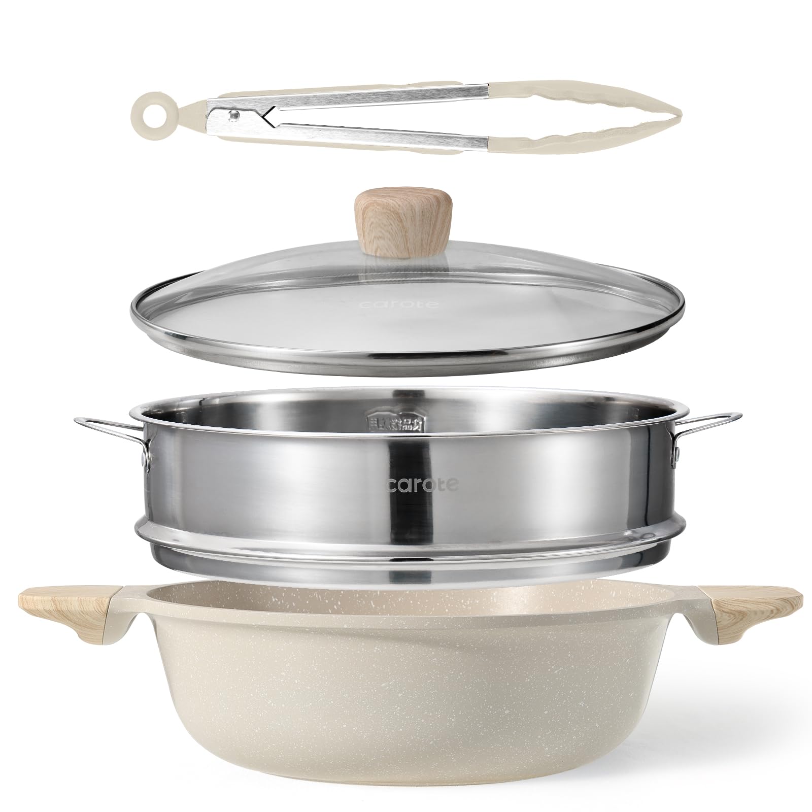 

CAROTE 26cm Double-Handled Pot 4-Piece Set with Steamer and Tongs - Tabletop Pot, Steamer, Sukiyaki Pot, Lid Included, IH Compatible, Free of PFOA and