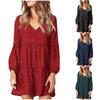 Women Fashion Polka Dot Print Loose Dress Long Sleeve V-Neck Dress