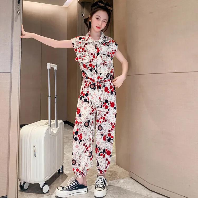 

Детская одежда для девочек, летний шифоновый костюм в западном стиле, модный, с двумя частями, с рукавами, для больших детей 160 красный