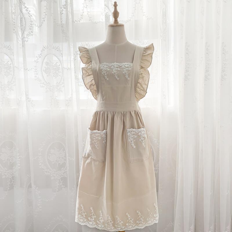 Washed Cotton Linen Lace Kitchen Aprons Flower Shop Garden Ruffles Work Clean Apron for Woman Dress