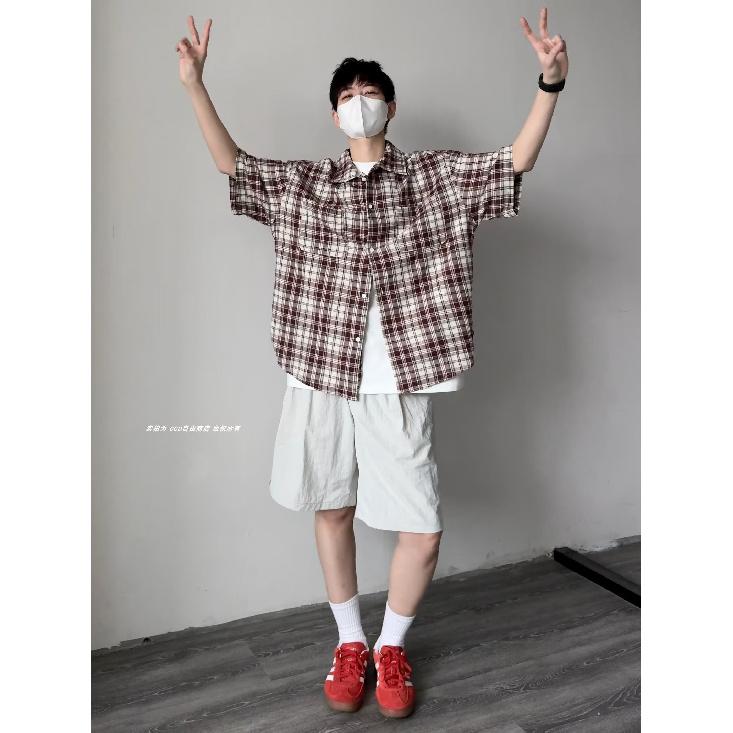 Sommer Neues Farbblockiertes Kariertes Revershemd Japanisches Retro Taschen Dekoration Kurzarmhemd