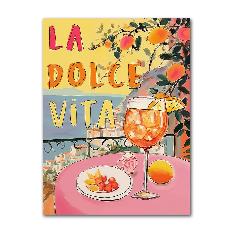 La Dolce Vita Limone Poster Stampe Retro Spritz Pittura su Tela Santorini Italia Viaggio Arte da Parete per Stanza Caffè Decorazione Quadro