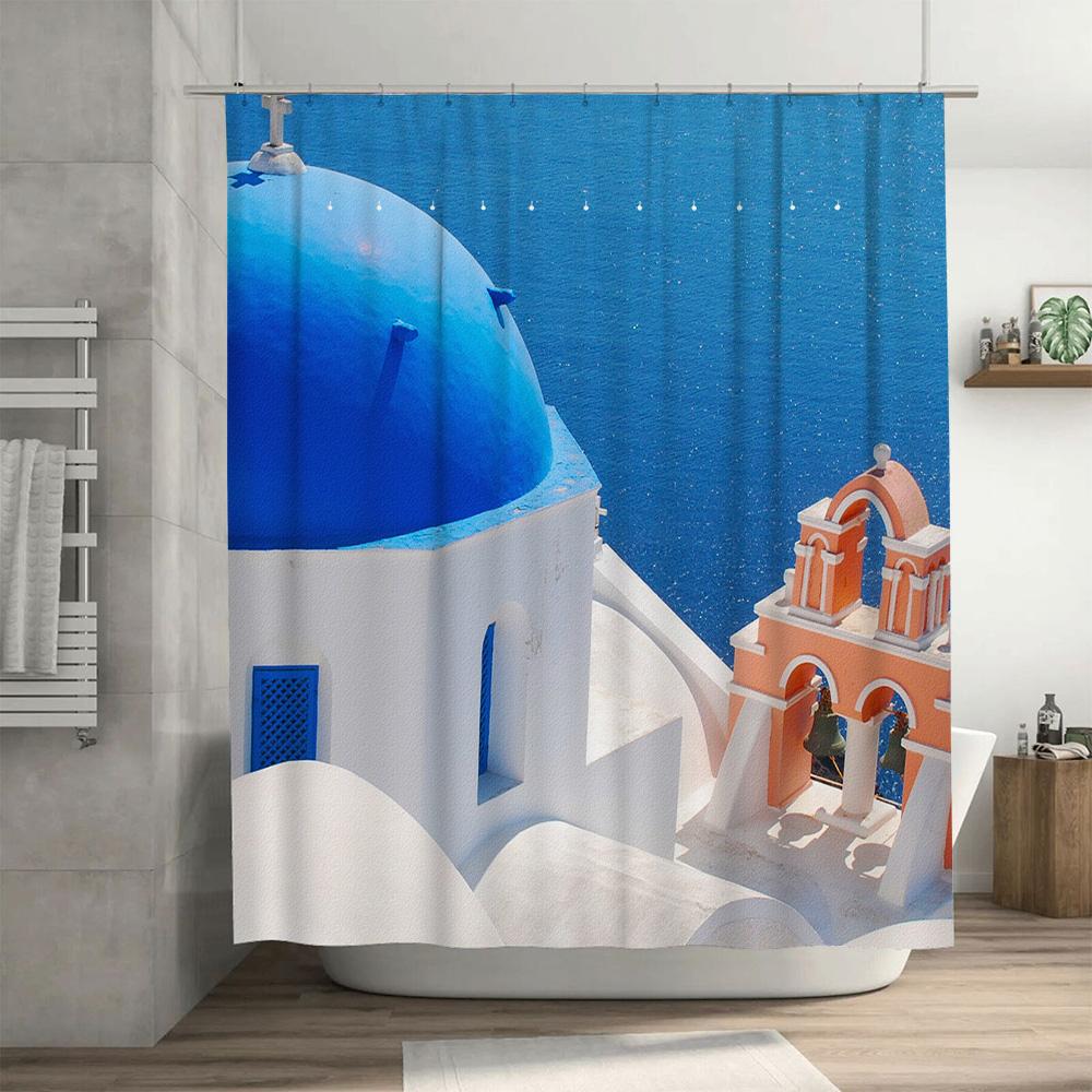 Island Escape: Santorini-Inspired Shower Curtain For A Serene And Mediterranean Bathroom Dcor