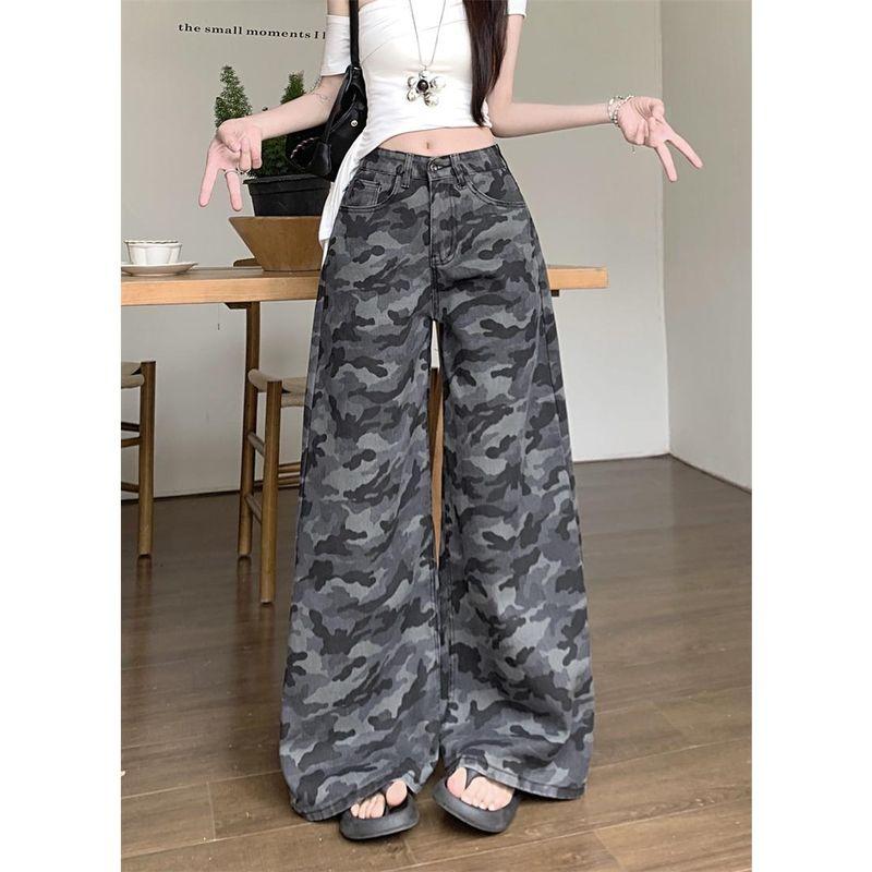 Small Retro Loose Feeling Distressed Camouflage Pants Female Popular This Year High Waist Straight-leg Cargo Jeans Mop Pants