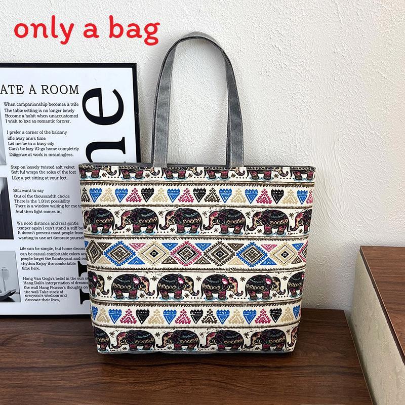 Ethnic Style Canvas Tote Bag With Print Large Capacity For Daily Use