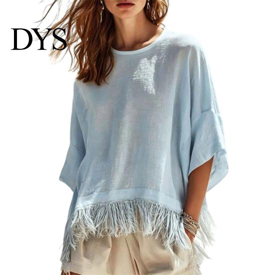 Women Fringe Shirt Solid Color with Tassels, O Neck Half Sleeve Casual Loose Fit T-shirt Blouses, Autumn Top