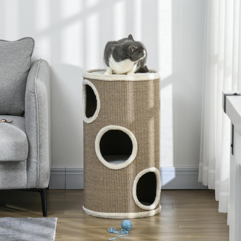 3-Tier Cat House with Sisal and Plush Scratching Post, Ø38x70cm, Brown