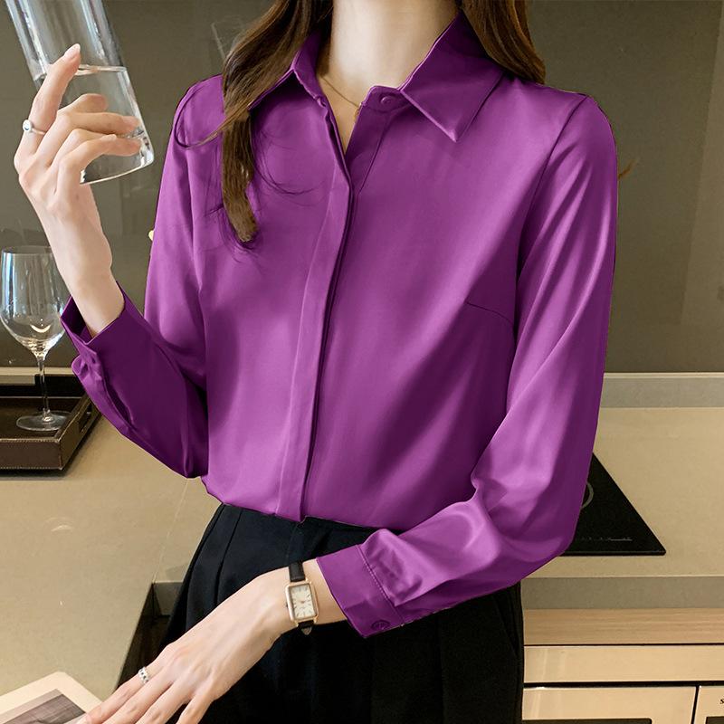 2026 Spring New Satin Long-Sleeve Shirt for Women, Elegant Chiffon Blouse, Ladies' Casual Solid Color Top