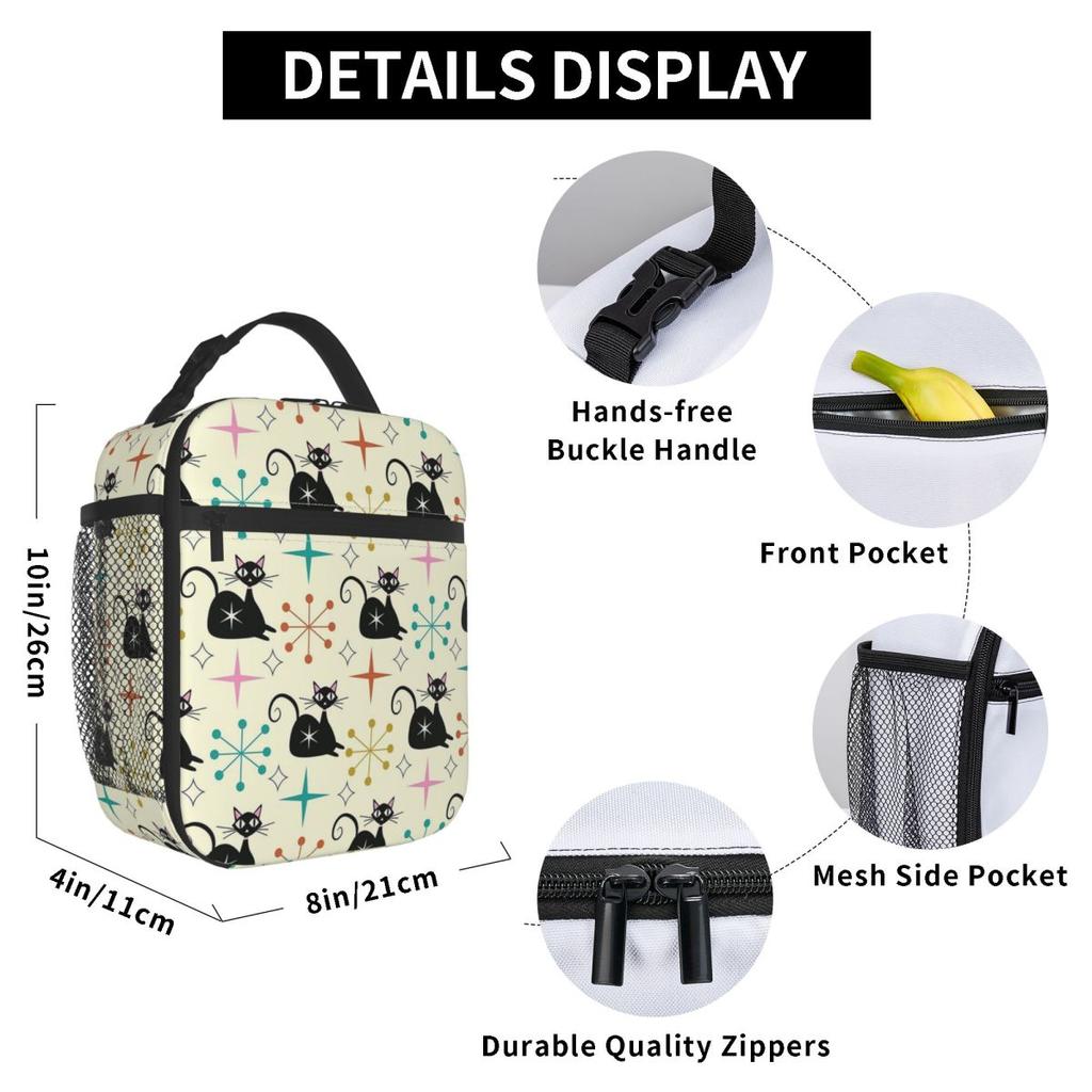 Mid Century Black Atomic Cat With Starbursts Insulated Lunch Bag for Women Kids Leakproof Food Boxes Thermal Lunch Box Tote