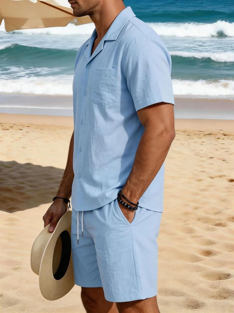 Mens Casual Loose Breathable Short Sleeve Shirt And Shorts Beach Set