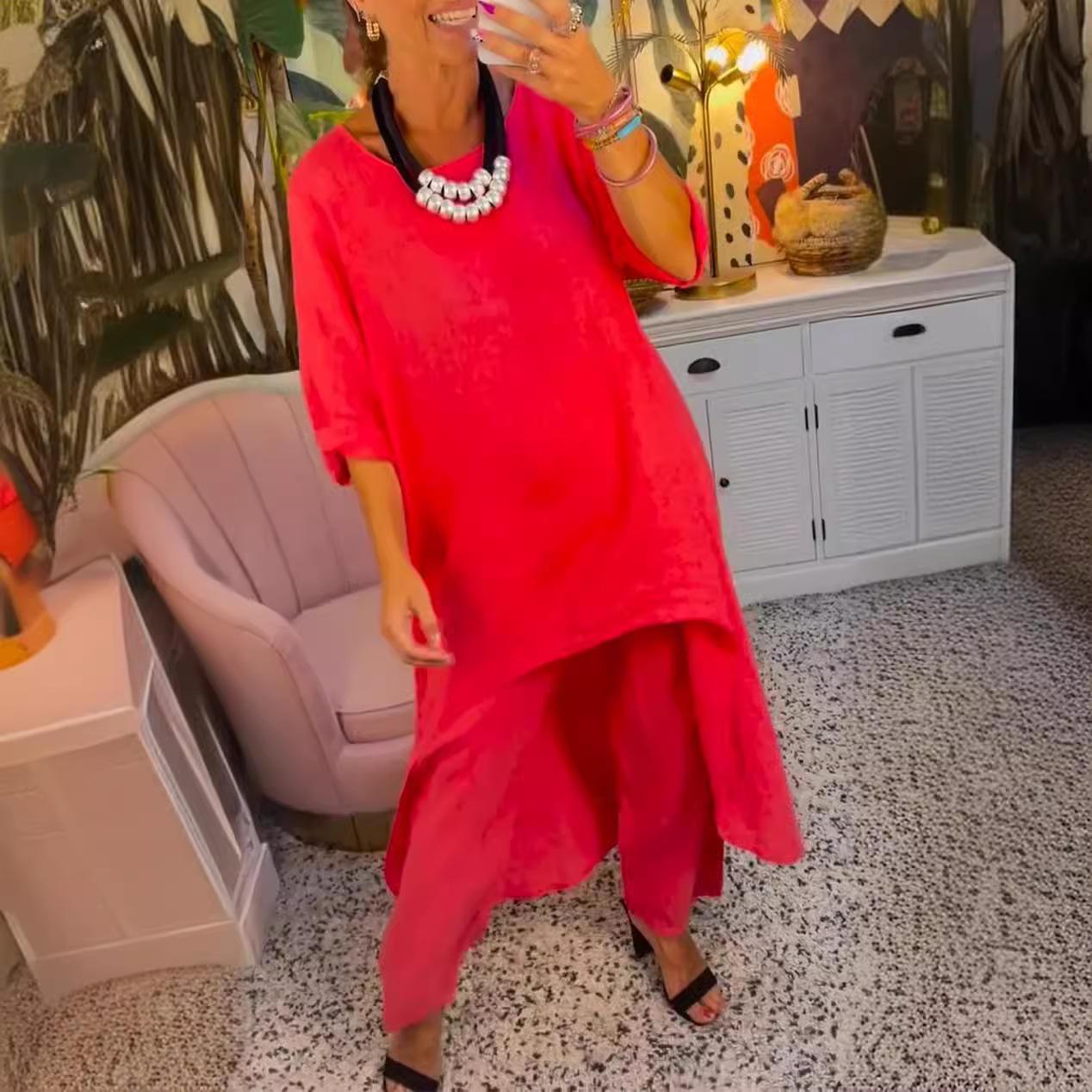 

Жіночий комплект з асиметричним низом, вільного топу та штанів широкого крою, різних кольорів 4XL червоний