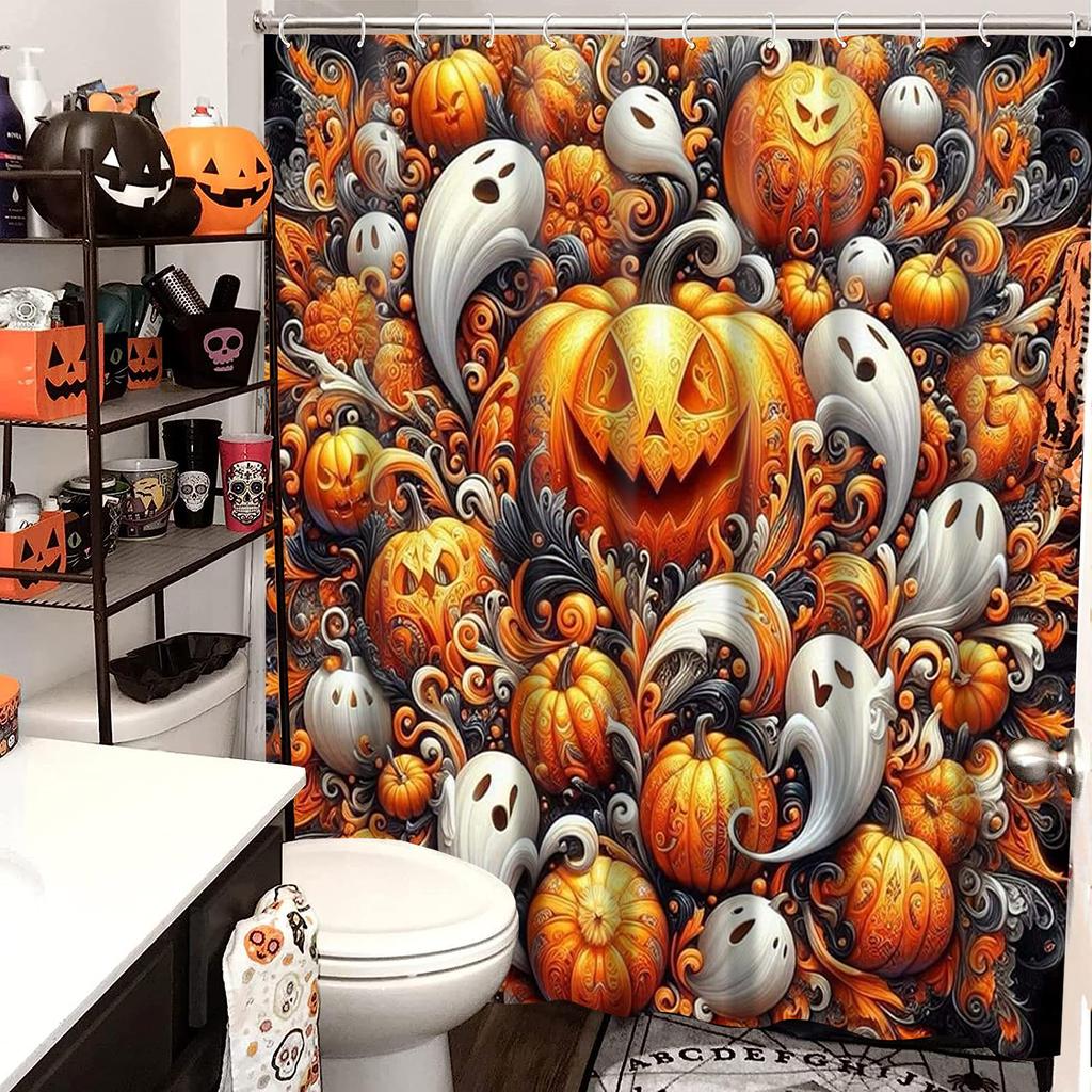 Halloween Harvest Thanksgiving maples pumpkin pattern Bathroom Shower Curtain With 12 Hooks bathroom decor and accessories