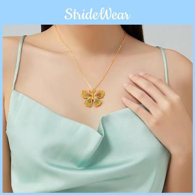 Silk Elegant Flower Enamel Butterfly Ring And Pendant Jewelry Set In Color Golden